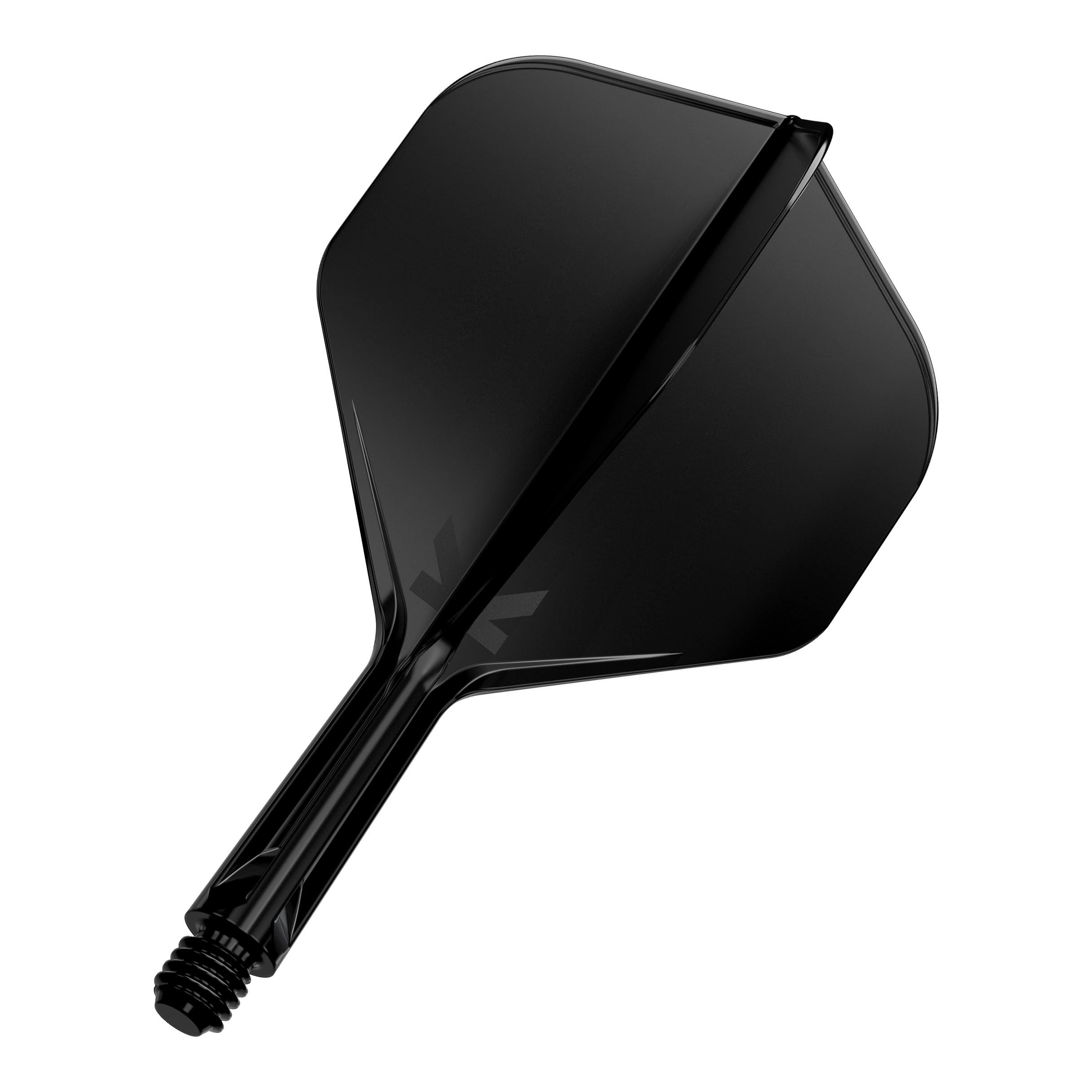 Das Bild zeigt ein schwarzes Dartflight mit integriertem Schaft. Das Design ist schlicht und modern gehalten.